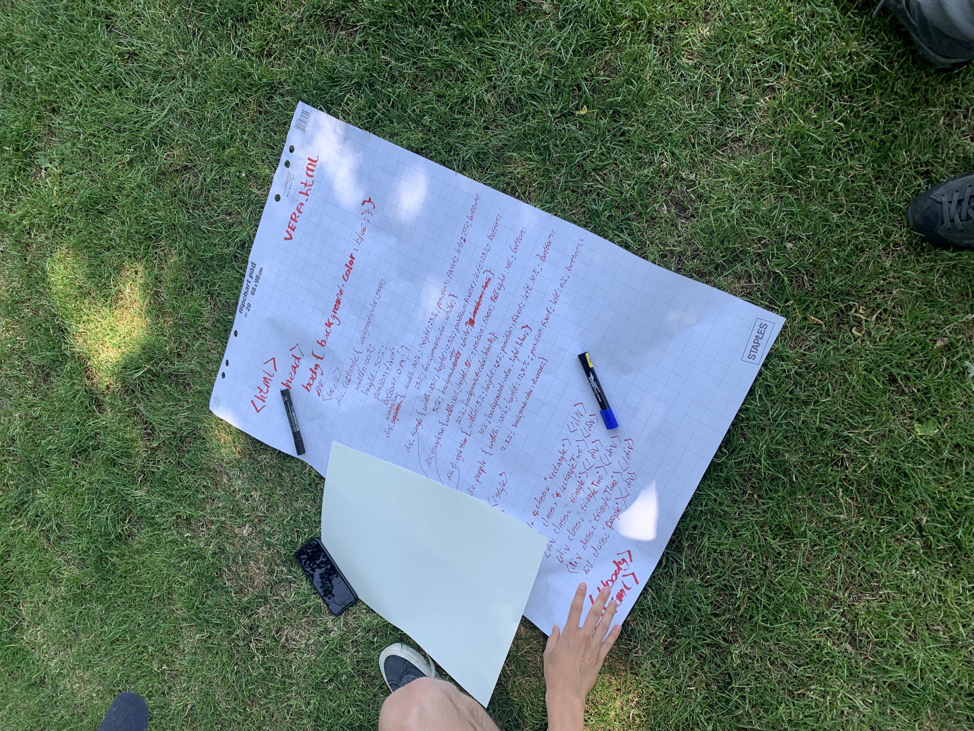 A student's hand written HTML from the workshop