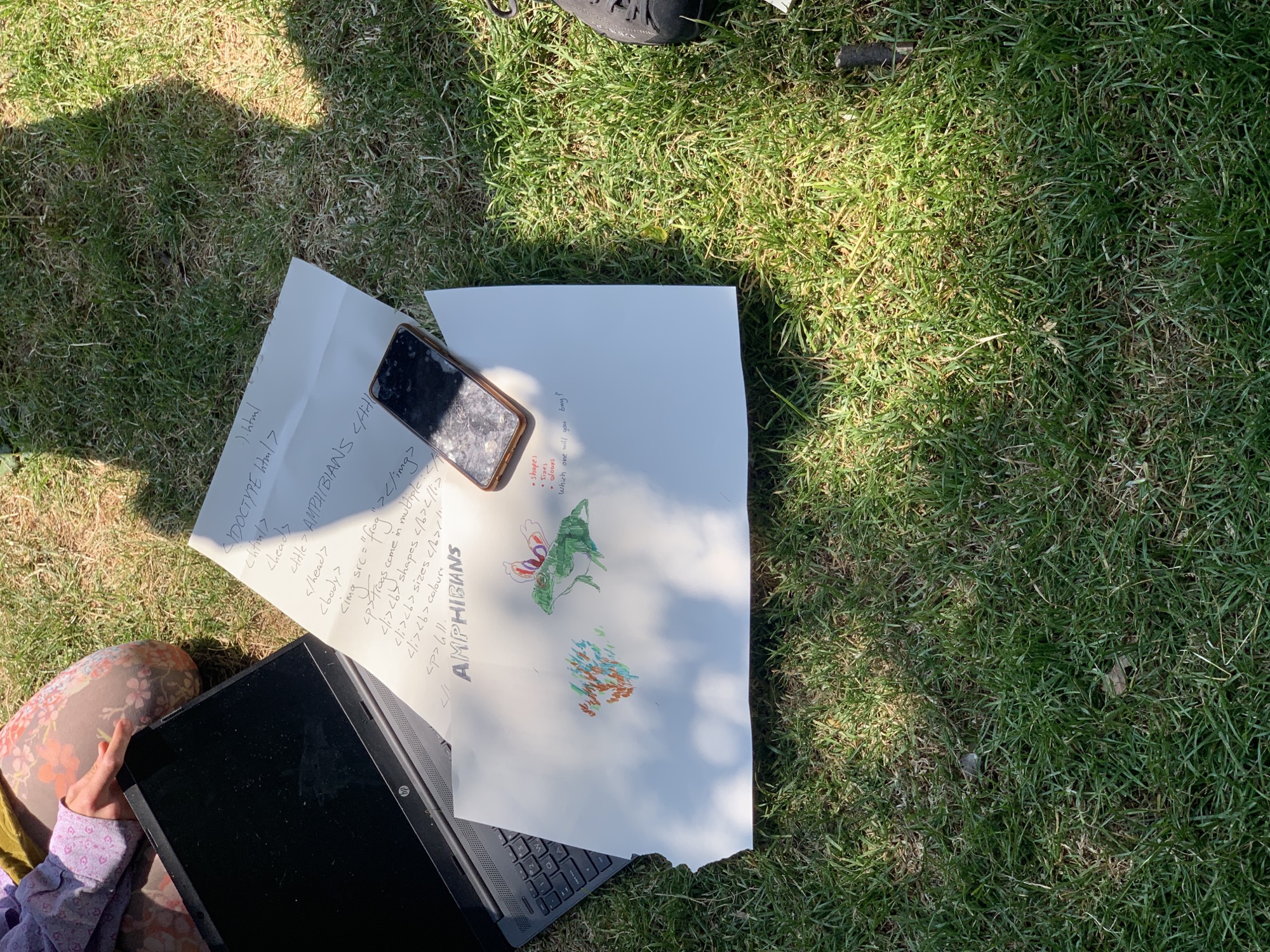 A student's hand written HTML from the workshop