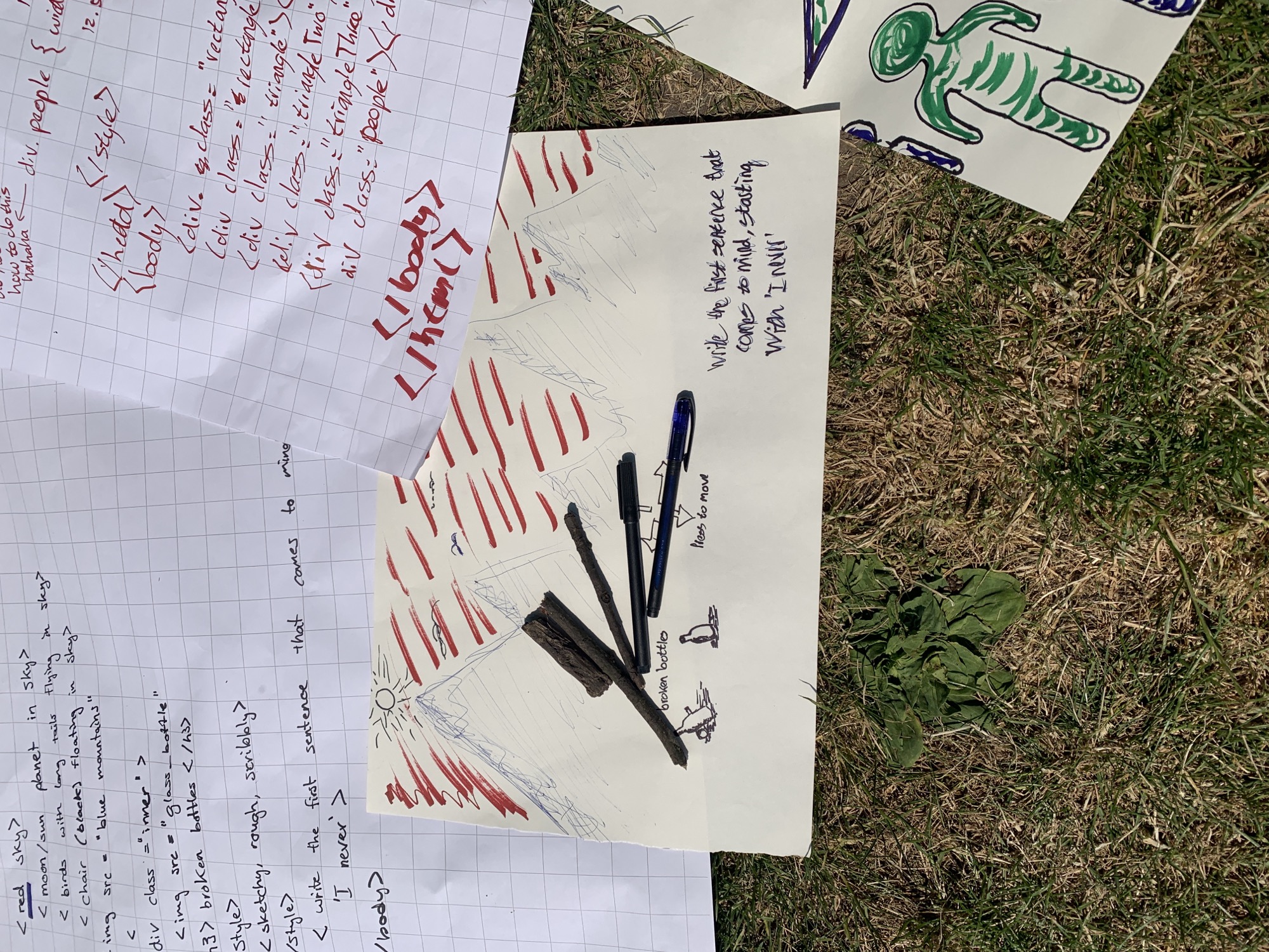 A student's hand written HTML from the workshop