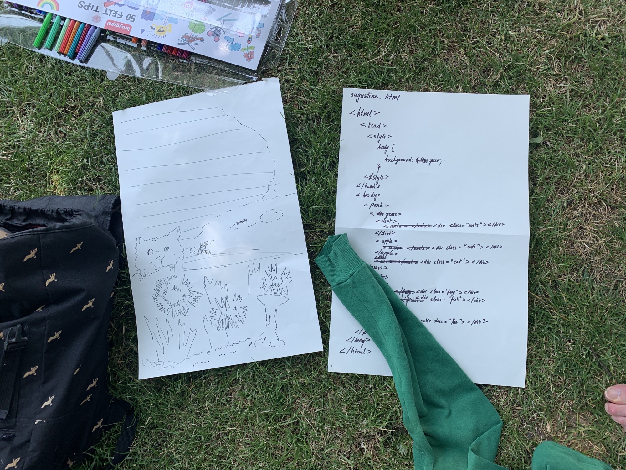 A student's hand written HTML from the workshop